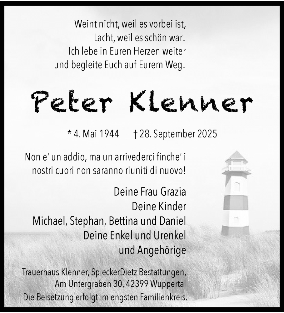  Traueranzeige für Peter Klenner vom 11.10.2025 aus trauer.wuppertaler-rundschau.de
