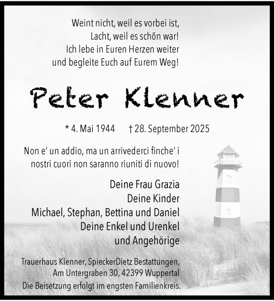 Traueranzeige von Peter Klenner von trauer.wuppertaler-rundschau.de