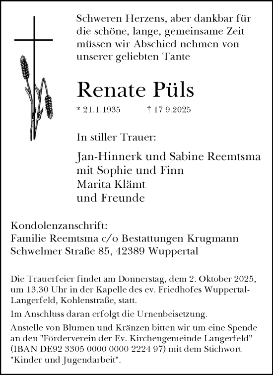 Traueranzeige von Renate Püls von trauer.wuppertaler-rundschau.de