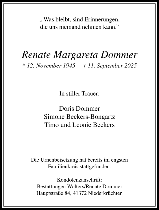 Traueranzeige von Renate Margareta Dommer von trauer.panorama-anzeigenblatt.de