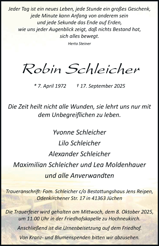  Traueranzeige für Robin Schleicher vom 04.10.2025 aus trauer.stadt-kurier.de