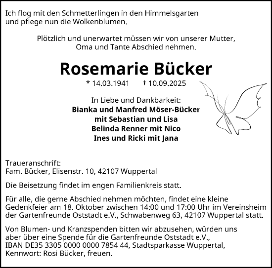 Traueranzeige von Rosemarie Bücker von trauer.wuppertaler-rundschau.de