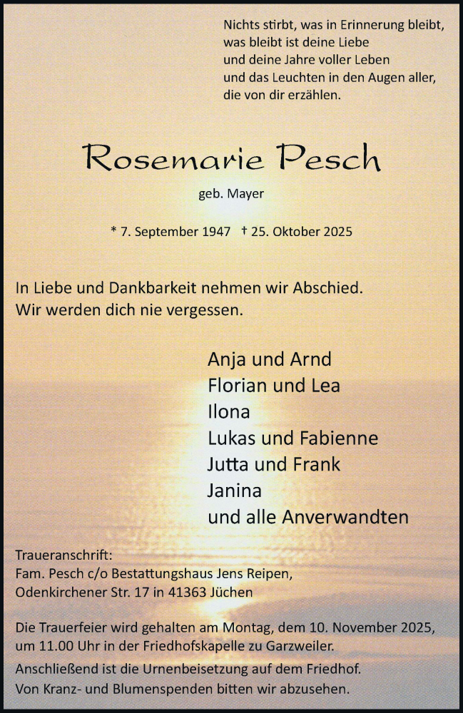  Traueranzeige für Rosemarie Pesch vom 01.11.2025 aus trauer.stadt-kurier.de