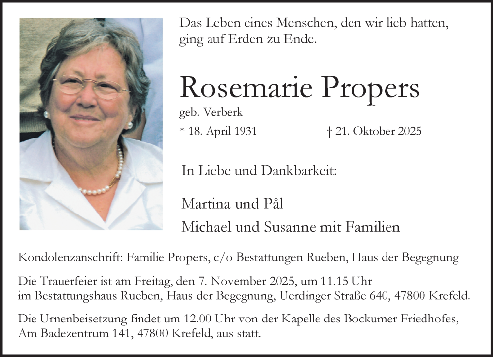  Traueranzeige für Rosemarie Propers vom 26.10.2025 aus trauer.panorama-anzeigenblatt.de