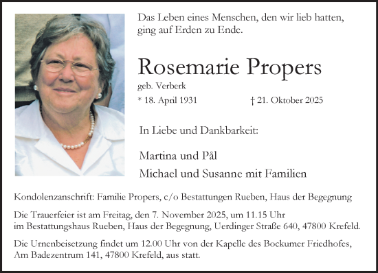 Traueranzeige von Rosemarie Propers von trauer.panorama-anzeigenblatt.de