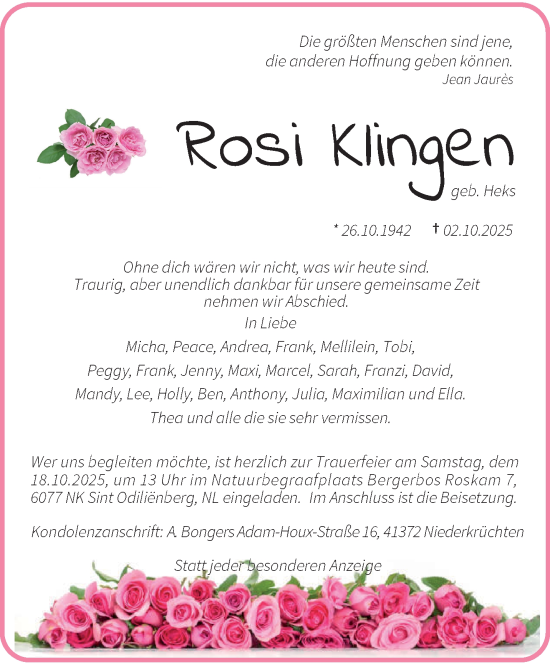 Traueranzeige von Rosi Klingen von trauer.panorama-anzeigenblatt.de