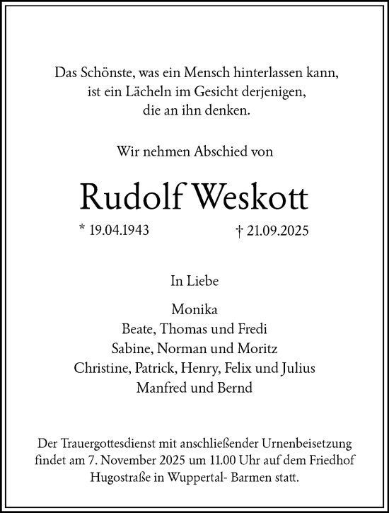 Traueranzeige von Rudolf Weskott von trauer.wuppertaler-rundschau.de