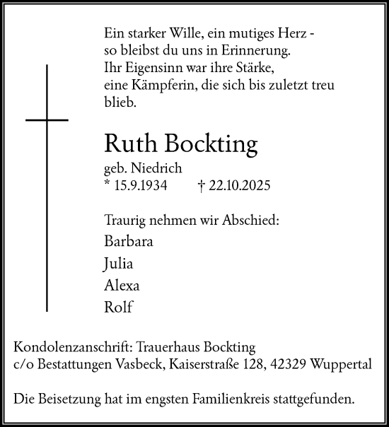 Traueranzeige von Ruth Bockting von trauer.wuppertaler-rundschau.de