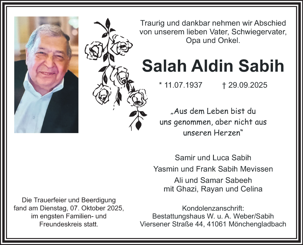  Traueranzeige für Salah Aldin Sabih vom 12.10.2025 aus trauer.panorama-anzeigenblatt.de