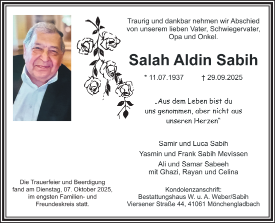 Traueranzeige von Salah Aldin Sabih von trauer.panorama-anzeigenblatt.de