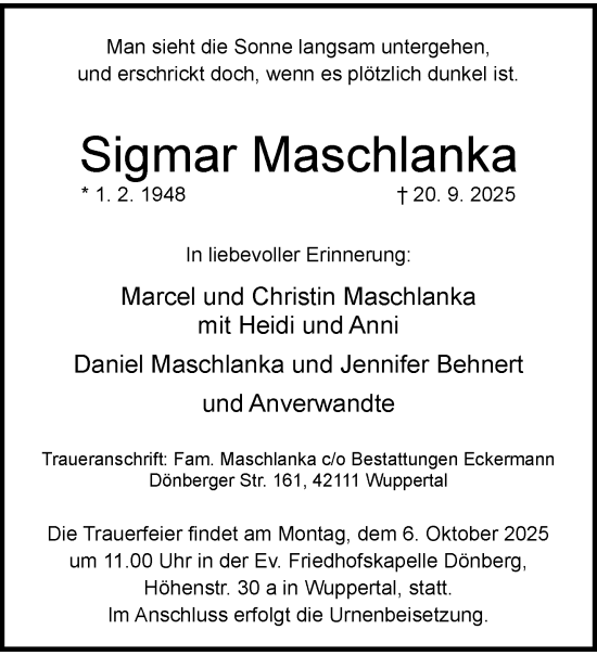 Traueranzeige von Sigmar Maschlanka von trauer.wuppertaler-rundschau.de