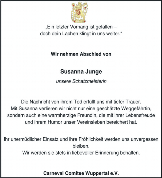 Traueranzeige von Susanna Junge von trauer.wuppertaler-rundschau.de