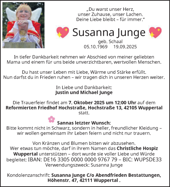 Traueranzeige von Susanna Junge von trauer.wuppertaler-rundschau.de