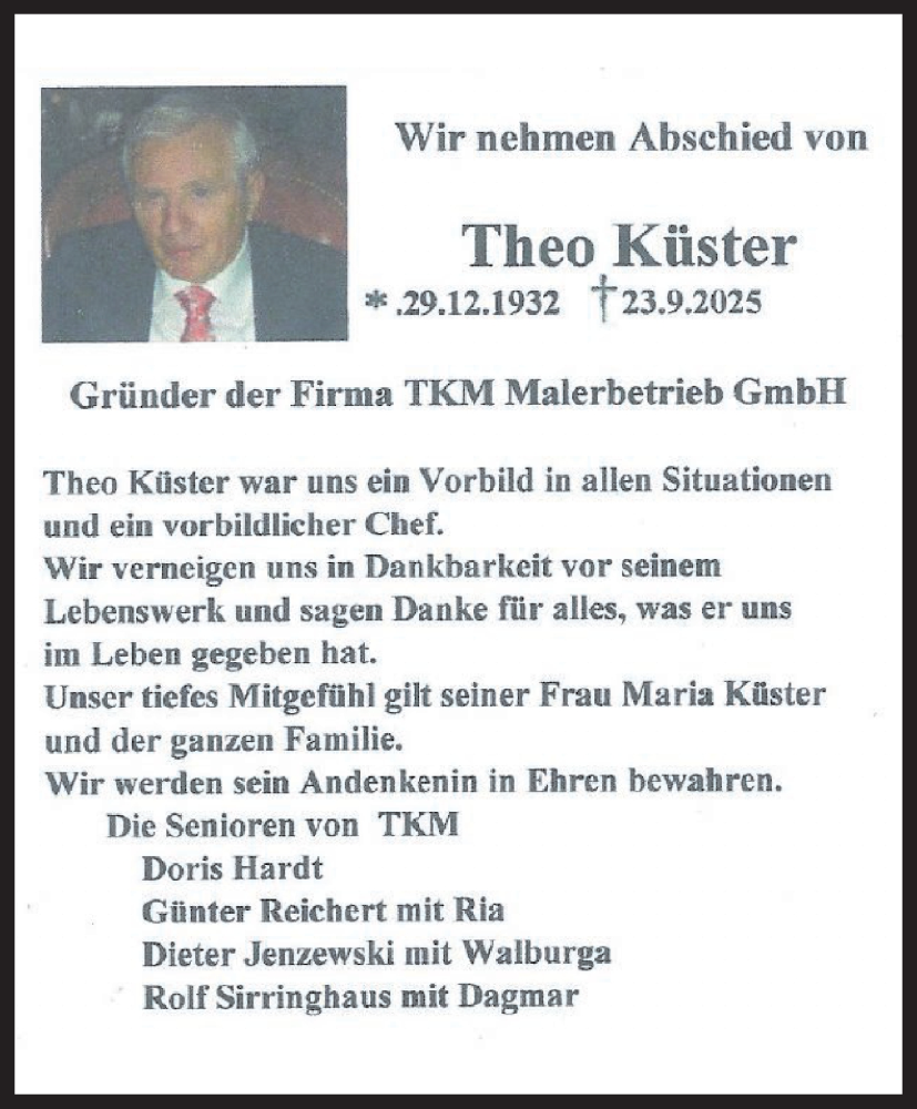  Traueranzeige für Theo Küster vom 27.09.2025 aus trauer.wuppertaler-rundschau.de
