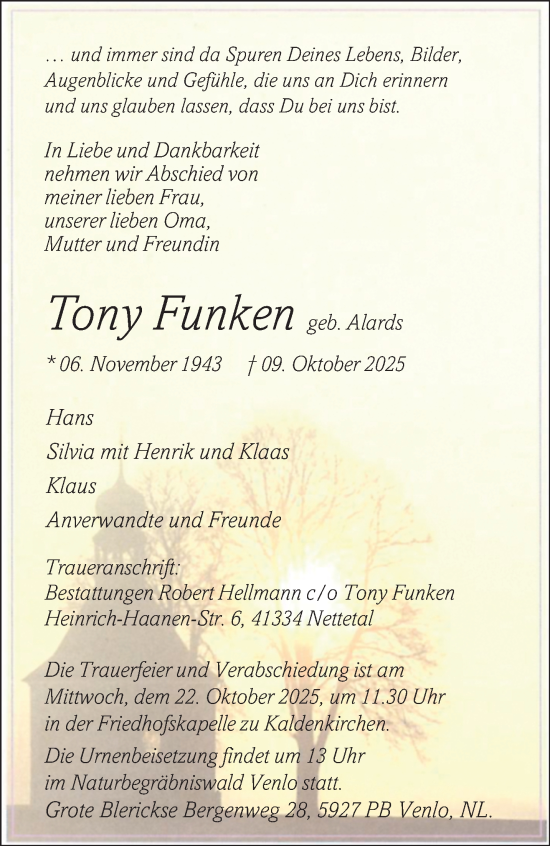 Traueranzeige von Tony Funken von trauer.panorama-anzeigenblatt.de