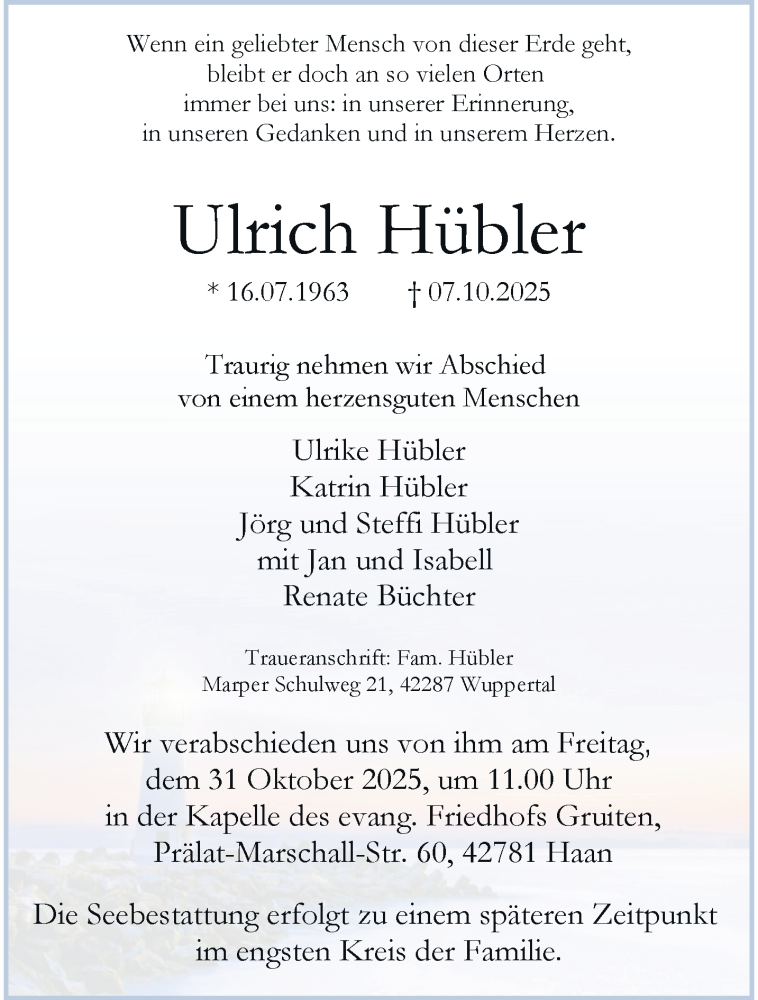  Traueranzeige für Ulrich Hübler vom 25.10.2025 aus trauer.wuppertaler-rundschau.de
