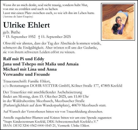Traueranzeige von Ulrike Ehlert von trauer.panorama-anzeigenblatt.de