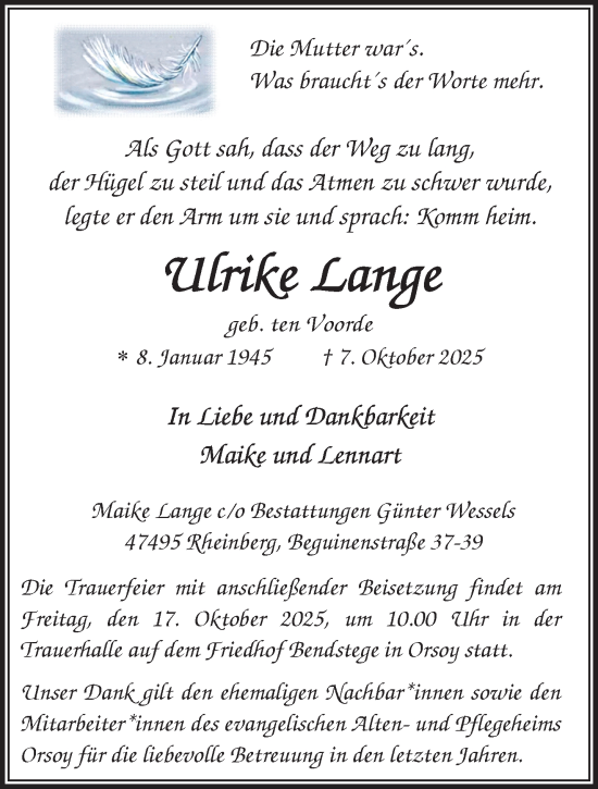 Traueranzeige von Ulrike Lange von trauer.panorama-anzeigenblatt.de