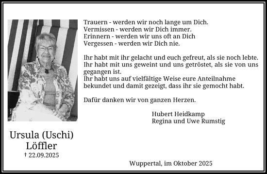 Traueranzeige von Ursula Löffler von trauer.wuppertaler-rundschau.de