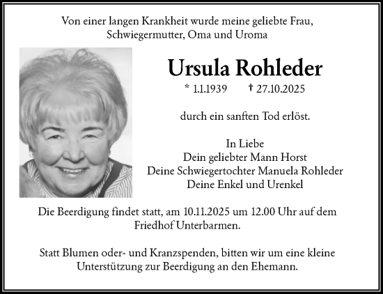 Traueranzeige von Ursula Rohleder von trauer.wuppertaler-rundschau.de