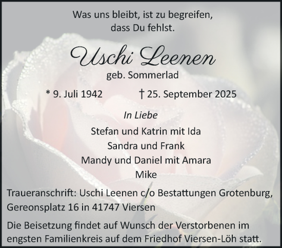 Traueranzeige von Uschi Leenen von trauer.panorama-anzeigenblatt.de