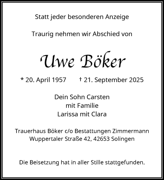 Traueranzeige von Uwe Böker von trauer.wuppertaler-rundschau.de