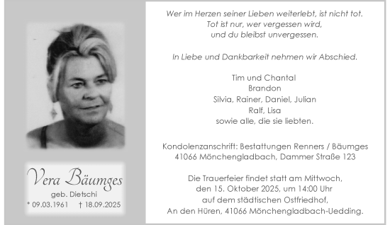 Traueranzeige von Vera Bäumges von trauer.panorama-anzeigenblatt.de