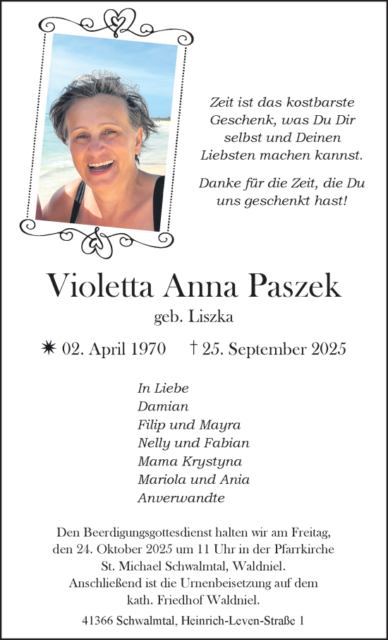 Traueranzeige von Violetta Anna Paszek von trauer.panorama-anzeigenblatt.de
