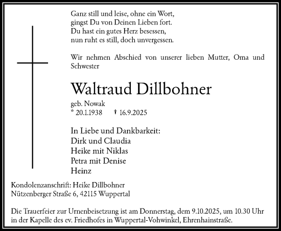 Traueranzeige von Waltraud Dillbohner von trauer.wuppertaler-rundschau.de