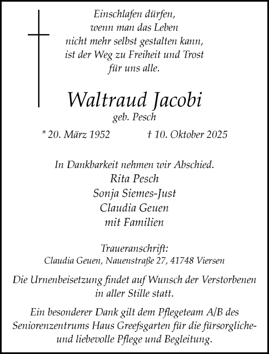 Traueranzeige von Waltraud Jacobi von trauer.panorama-anzeigenblatt.de