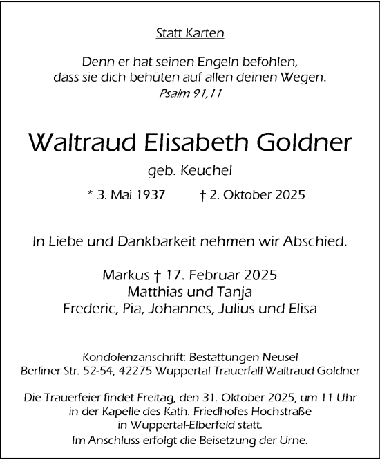 Traueranzeige von Waltraud Elisabeth Goldner von trauer.wuppertaler-rundschau.de