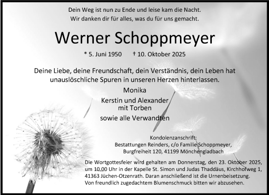 Traueranzeige von Werner Schoppmeyer von trauer.stadt-kurier.de