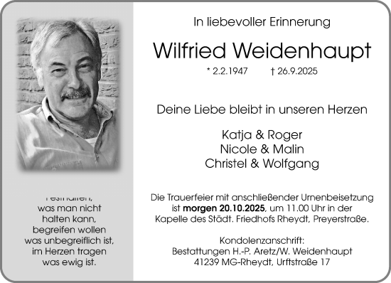 Traueranzeige von Wilfried Weidenhaupt von trauer.panorama-anzeigenblatt.de