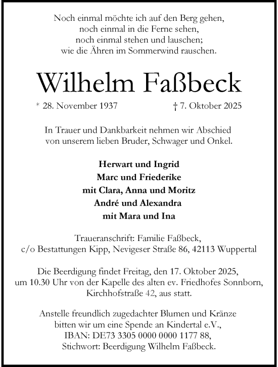 Traueranzeige von Wilhelm Faßbeck von trauer.wuppertaler-rundschau.de