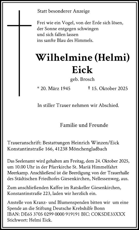 Traueranzeige von Wilhelmine Eick von trauer.panorama-anzeigenblatt.de