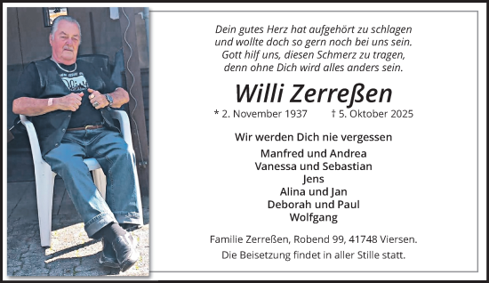 Traueranzeige von Willi Zerreßen von trauer.panorama-anzeigenblatt.de