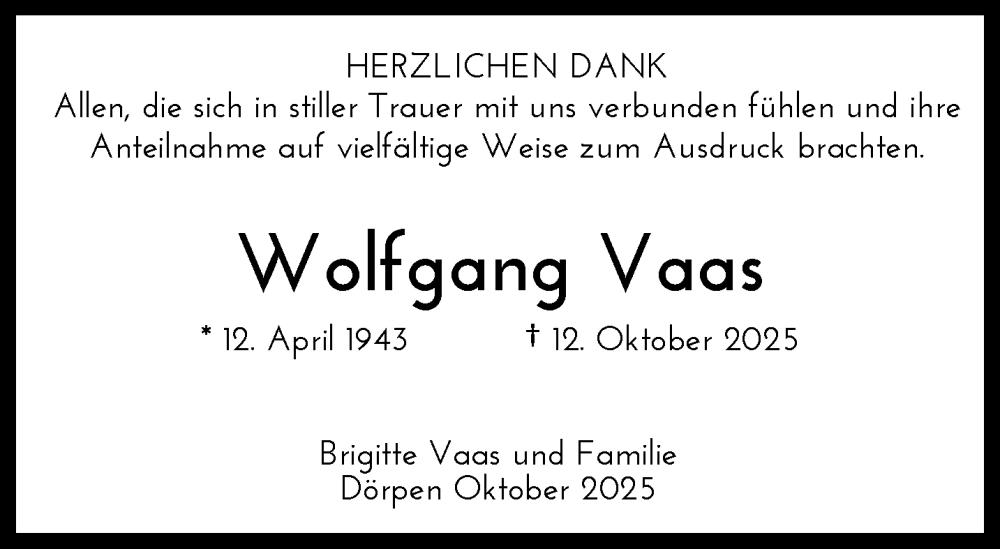  Traueranzeige für Wolfgang Vaas vom 01.11.2025 aus trauer.wuppertaler-rundschau.de
