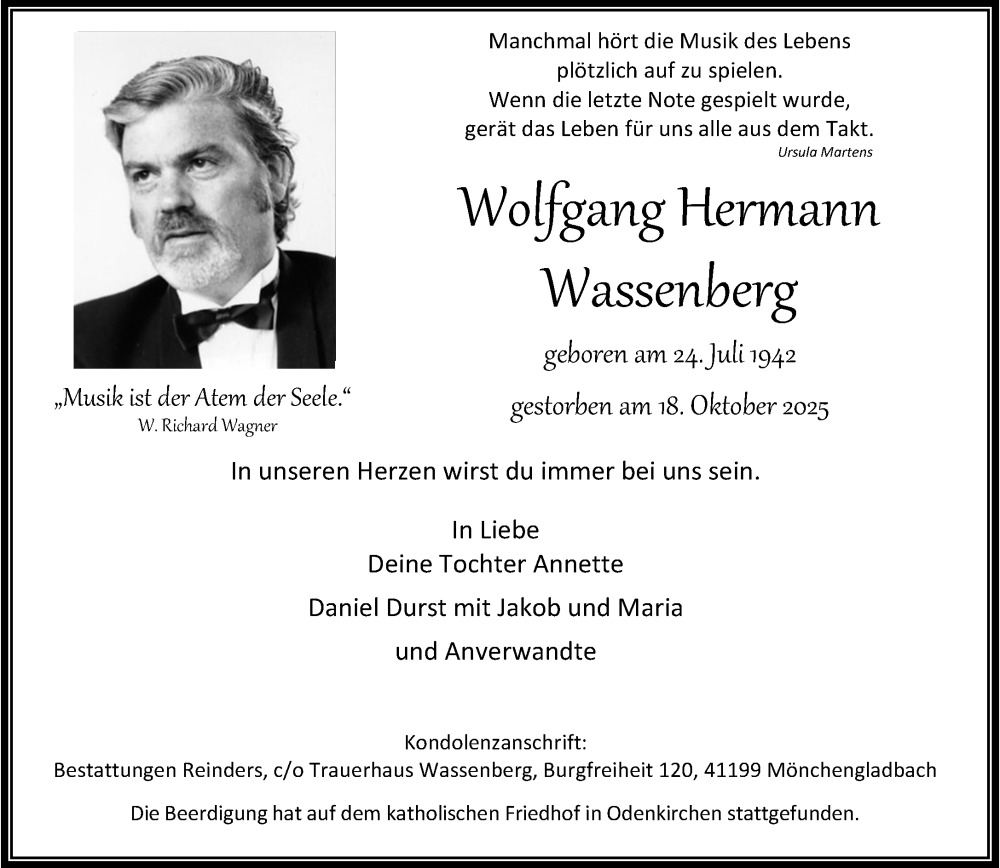  Traueranzeige für Wolfgang Hermann Wassenberg vom 26.10.2025 aus trauer.panorama-anzeigenblatt.de