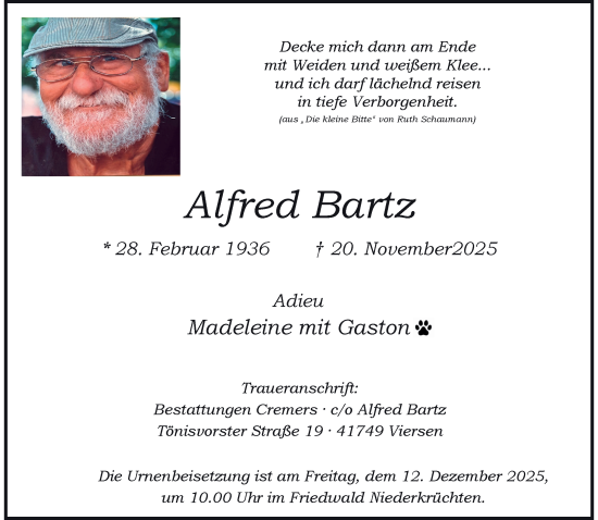 Traueranzeige von Alfred Bartz von trauer.panorama-anzeigenblatt.de
