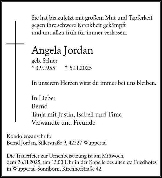 Traueranzeige von Angela Jordan von trauer.wuppertaler-rundschau.de