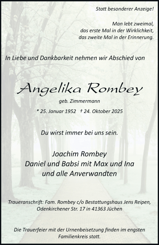 Traueranzeige von Angelika Rombey von trauer.stadt-kurier.de