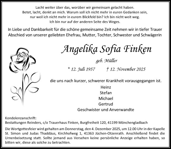 Traueranzeige von Angelika Sofia Finken von trauer.stadt-kurier.de