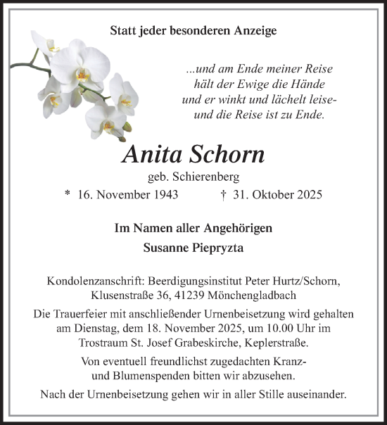 Traueranzeige von Anita Schorn von trauer.panorama-anzeigenblatt.de