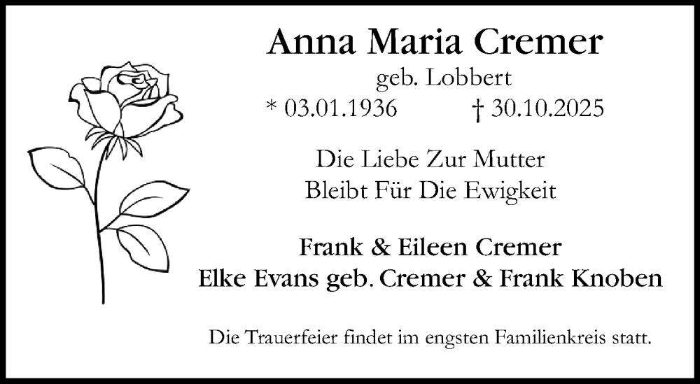  Traueranzeige für Anna Maria Cremer vom 09.11.2025 aus trauer.panorama-anzeigenblatt.de
