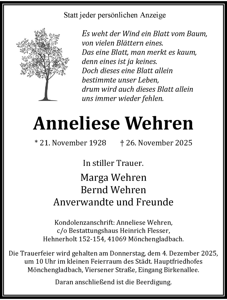  Traueranzeige für Anneliese Wehren vom 30.11.2025 aus trauer.panorama-anzeigenblatt.de