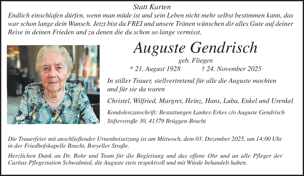  Traueranzeige für Auguste Gendrisch vom 30.11.2025 aus trauer.panorama-anzeigenblatt.de