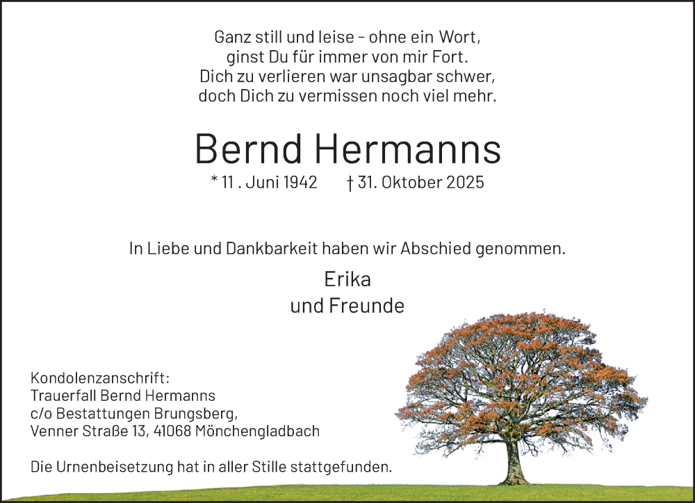  Traueranzeige für Bernd Hermanns vom 23.11.2025 aus trauer.panorama-anzeigenblatt.de