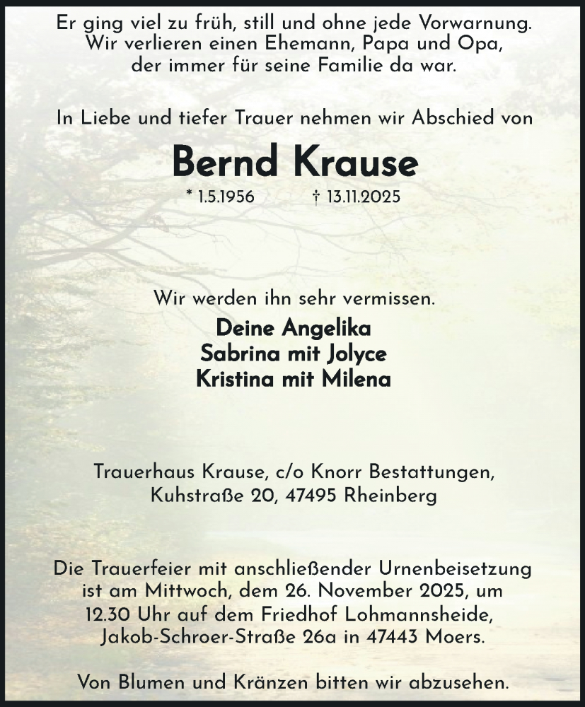  Traueranzeige für Bernd Krause vom 23.11.2025 aus trauer.panorama-anzeigenblatt.de