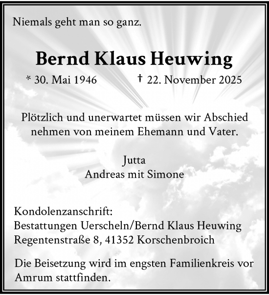 Traueranzeige von Bernd Klaus Heuwing von trauer.panorama-anzeigenblatt.de