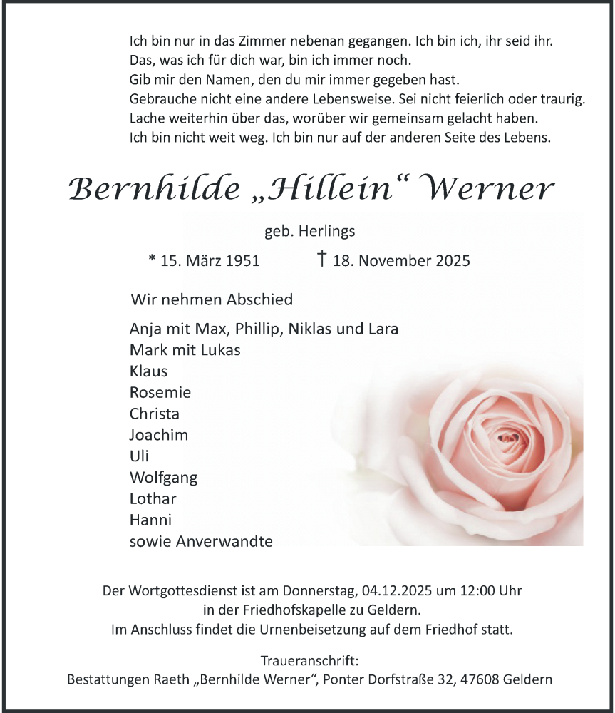  Traueranzeige für Bernhilde Werner vom 30.11.2025 aus trauer.panorama-anzeigenblatt.de
